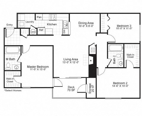 Floor plan for 3 beds, 2 baths, 1253 sqft